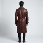 Men’s Maroon Shearling Sheepskin Leather Trench Coat with Belt