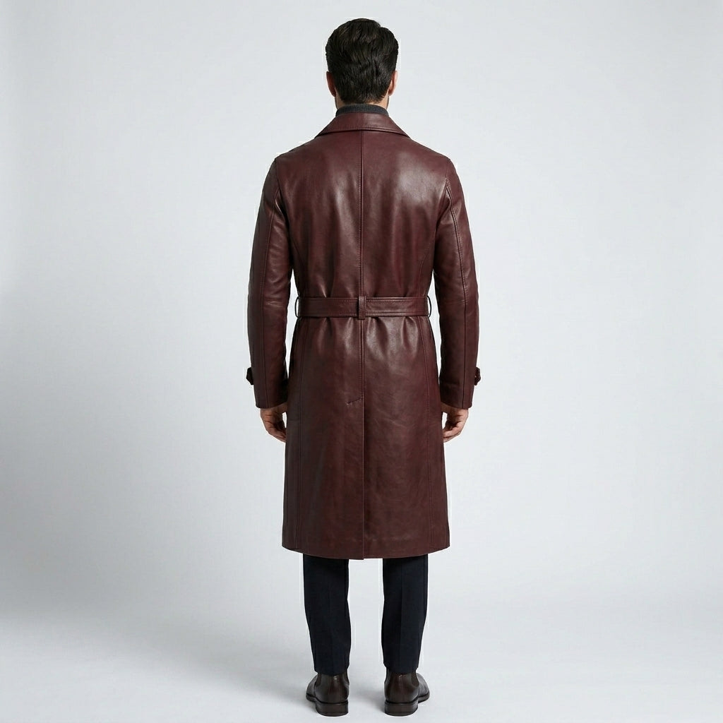 Men’s Maroon Shearling Sheepskin Leather Trench Coat with Belt