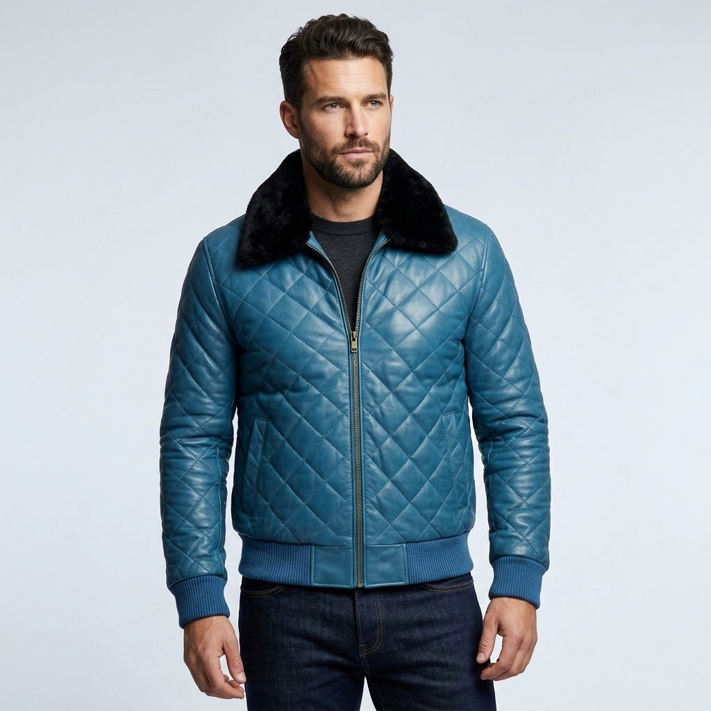 Men’s Blue Bomber Leather Jacket – Slim Fit Casual Aviator Style