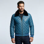 Men’s Blue Bomber Leather Jacket – Slim Fit Casual Aviator Style