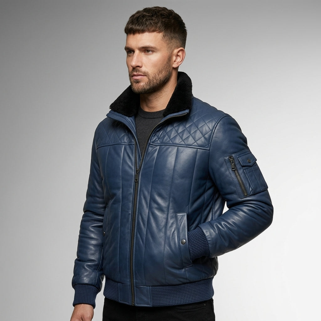 Men’s Sapphire Blue Bomber Jacket – Slim Fit Leather Style