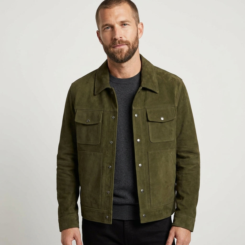 Men’s Premium Green Suede Trucker Jacket