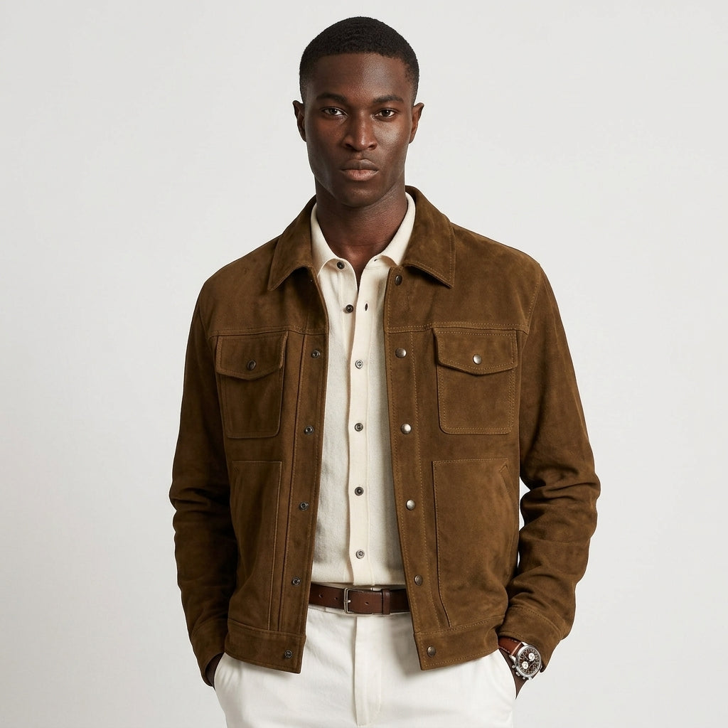Men’s Dark Brown Suede Leather Trucker Jacket