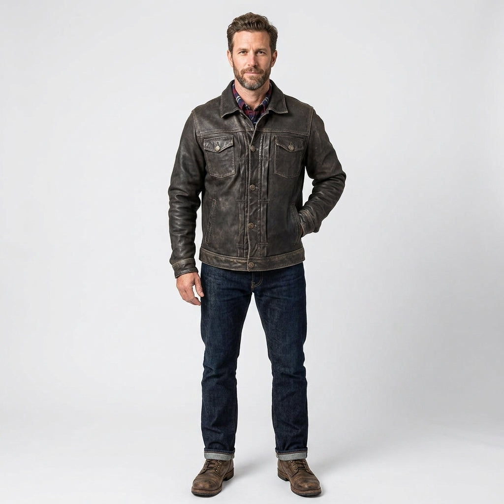 Men’s Distressed Leather Trucker Jacket