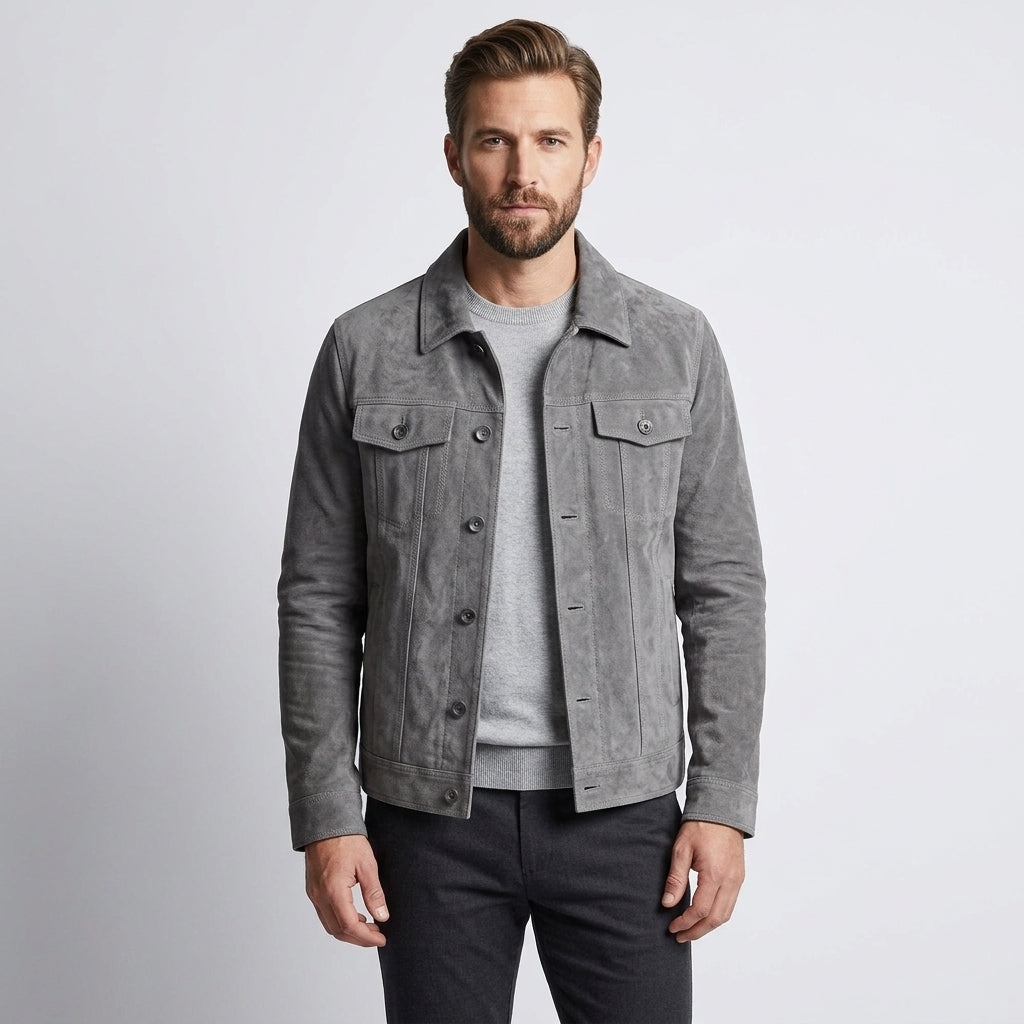 Men’s Gray Suede Leather Trucker Jacket