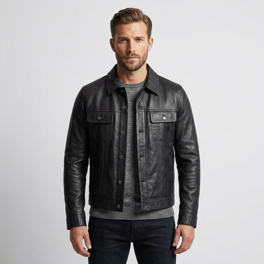 Men’s Black Trucker Western Leather Shirt Jacket