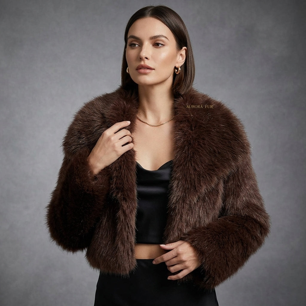 Chocolate Brown Faux Fur Cropped Jacket for Women