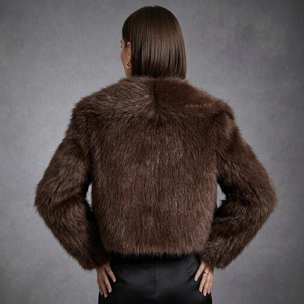 Chocolate Brown Faux Fur Cropped Jacket for Women