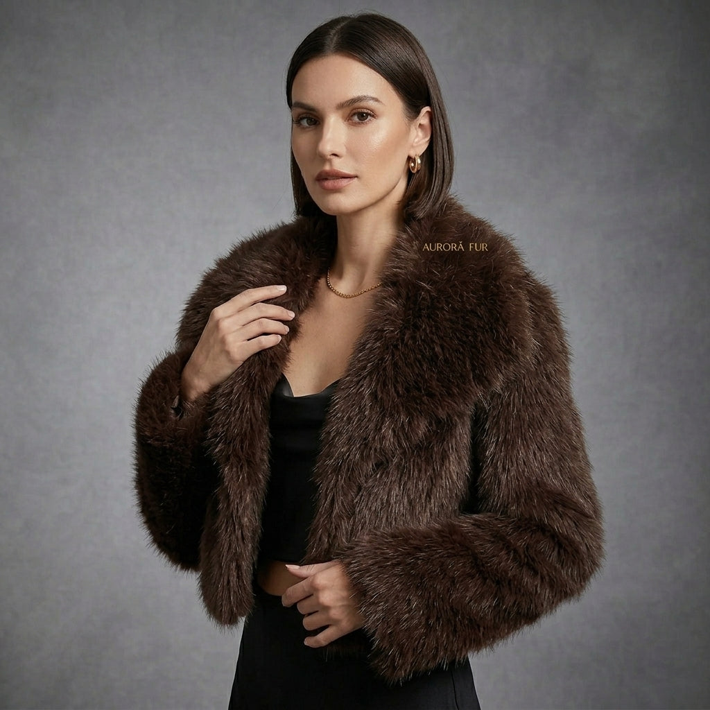 Chocolate Brown Faux Fur Cropped Jacket for Women