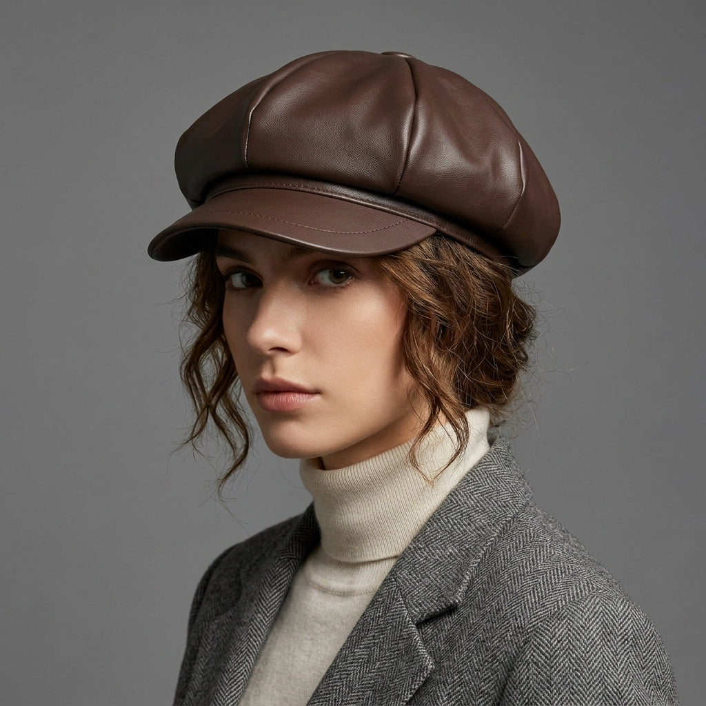 Classic Brown PU Leather Newsboy Cap