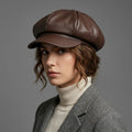 Classic Brown PU Leather Newsboy Cap
