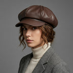Classic Brown PU Leather Newsboy Cap