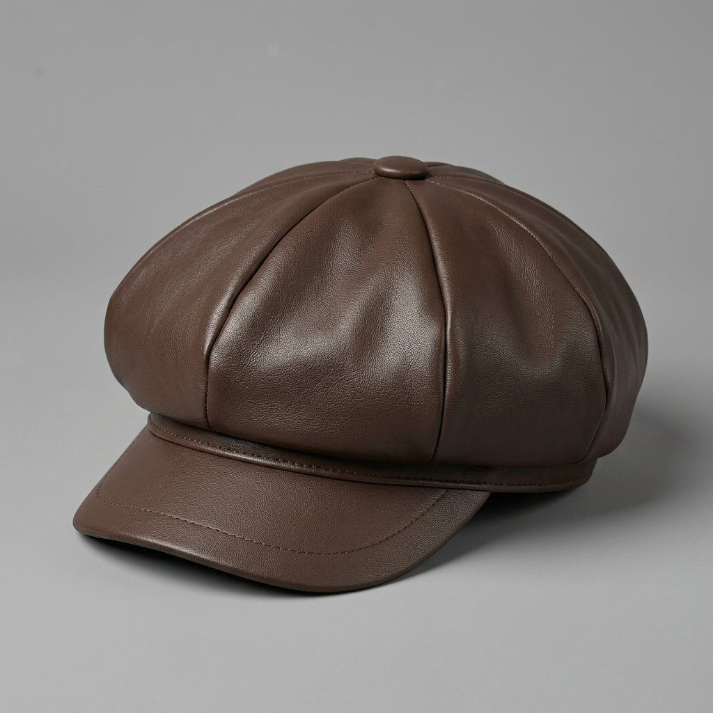 Classic Brown PU Leather Newsboy Cap