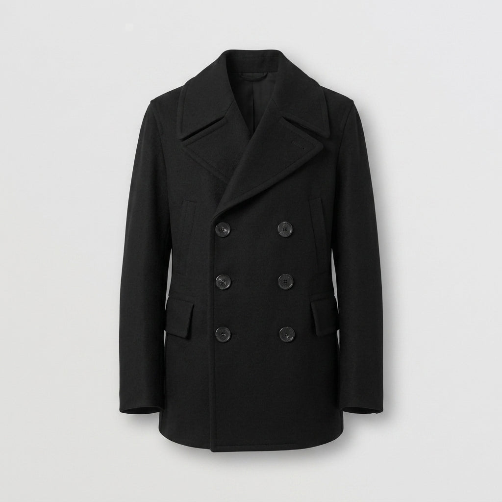 Men’s Black Fleece Peacoat – Classic Double-Breasted Winter Coat