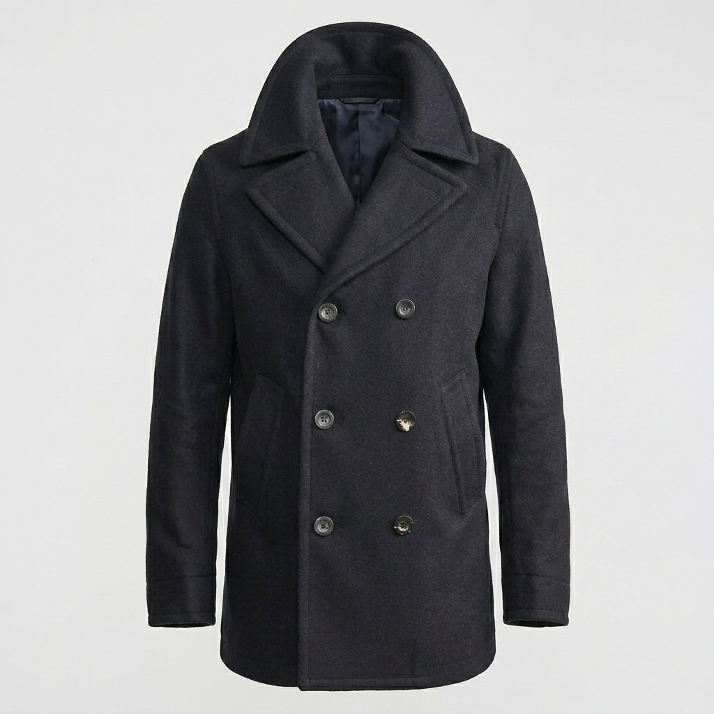 Men’s Dark Navy Fleece Peacoat – Classic Double-Breasted Winter Coat
