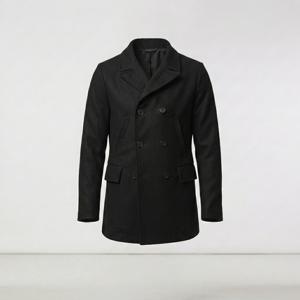 Men’s Black Navy Fleece Peacoat – Classic Double-Breasted Winter Coat