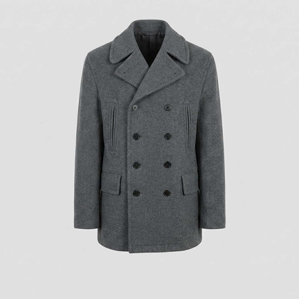 Men’s Grey Wool Peacoat – Classic Double-Breasted Winter Coat