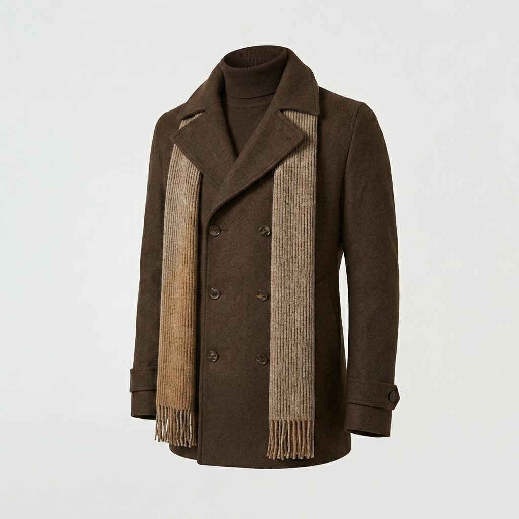 Men’s Brown Fleece Peacoat – Classic Double-Breasted Winter Coat