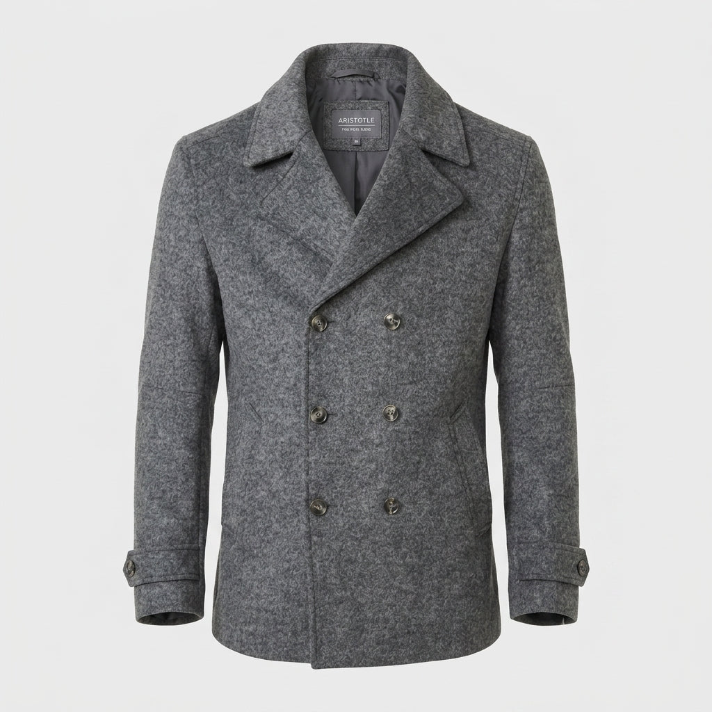 Men’s Grey Marle Fleece Peacoat – Classic Double-Breasted Winter Coat