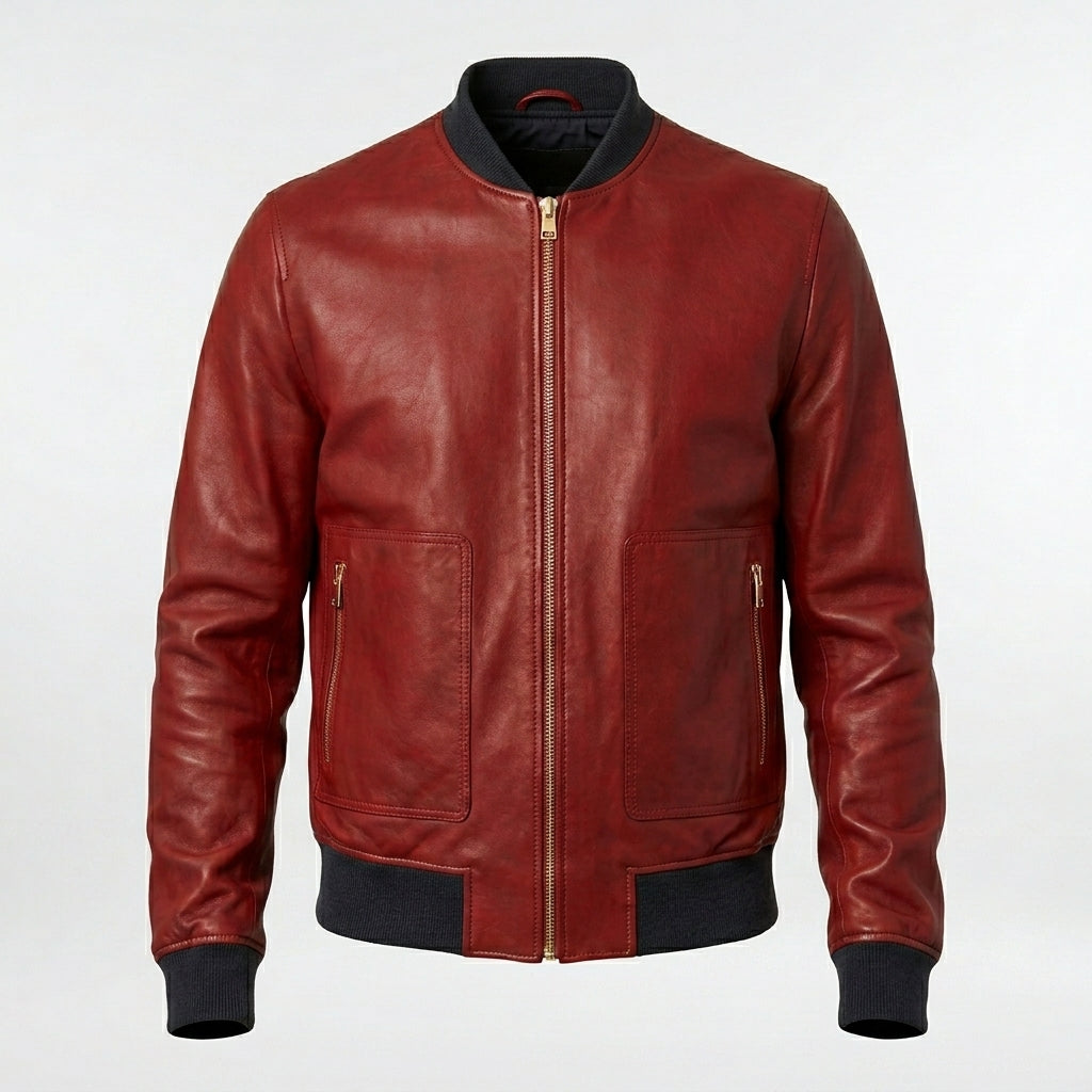 Men’s Fashion Lambskin Red Leather Bomber Jacket