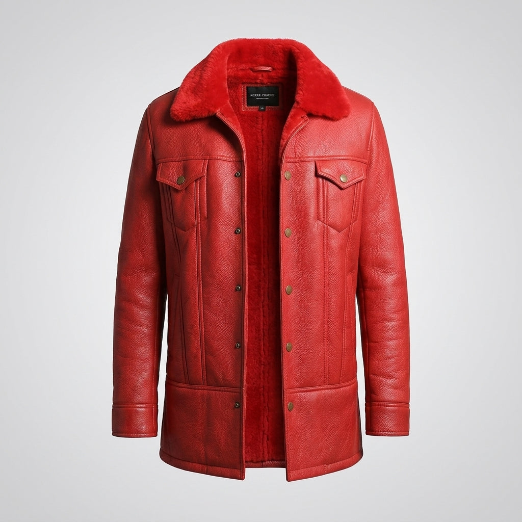 Men’s Red Shearling Trucker Leather Jacket