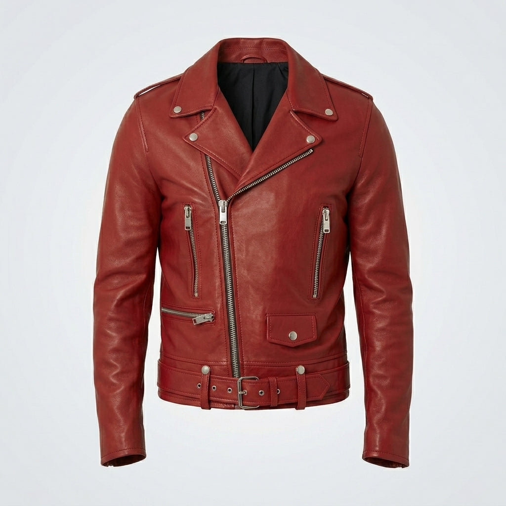 Men’s Red Real Leather Biker Jacket – Bold Slim Fit Moto Style