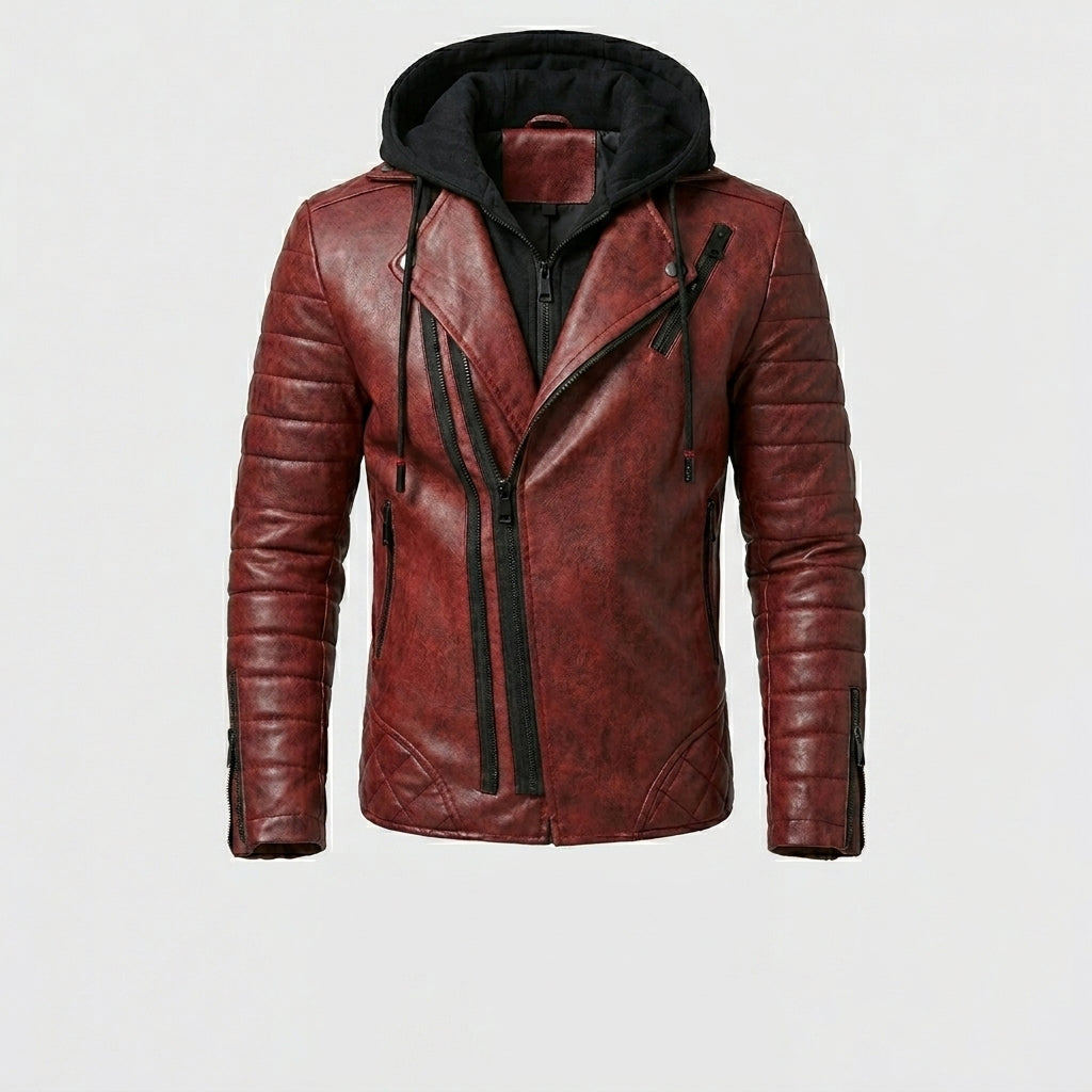 Men’s Red Leather Hooded Biker Jacket – Slim Fit Moto Style