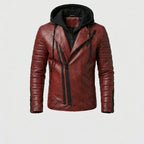 Men’s Red Leather Hooded Biker Jacket – Slim Fit Moto Style