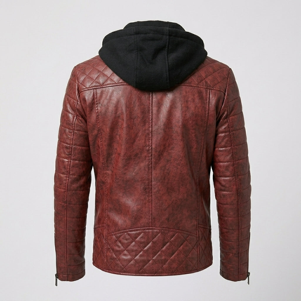 Men’s Red Leather Hooded Biker Jacket – Slim Fit Moto Style