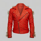 Men’s Red Studded Leather Biker Jacket