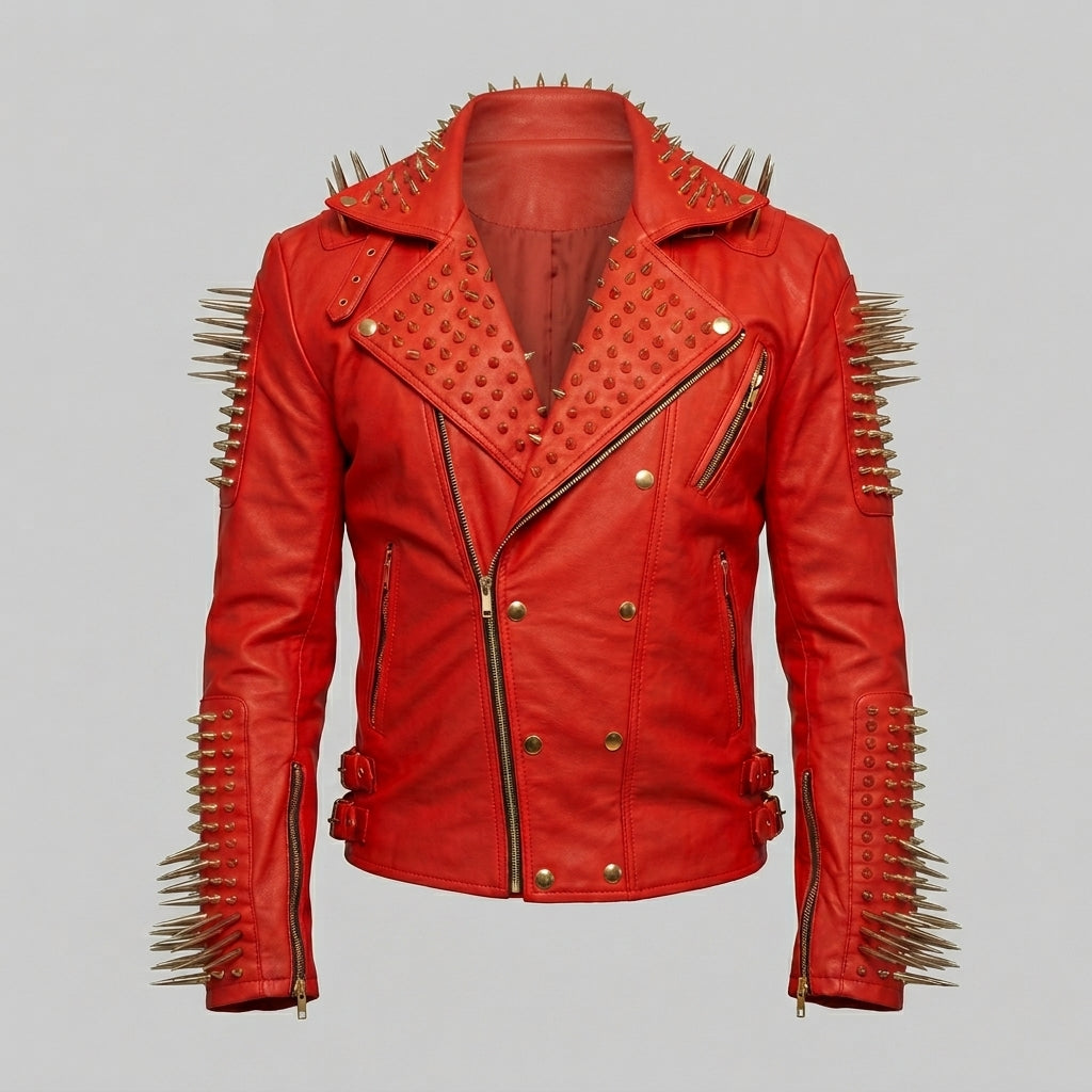Men’s Red Studded Leather Biker Jacket