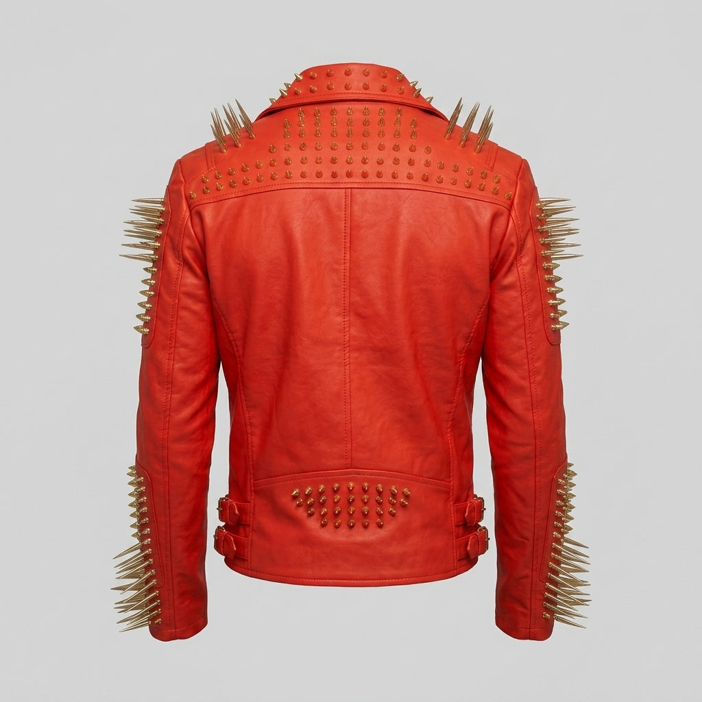Men’s Red Studded Leather Biker Jacket