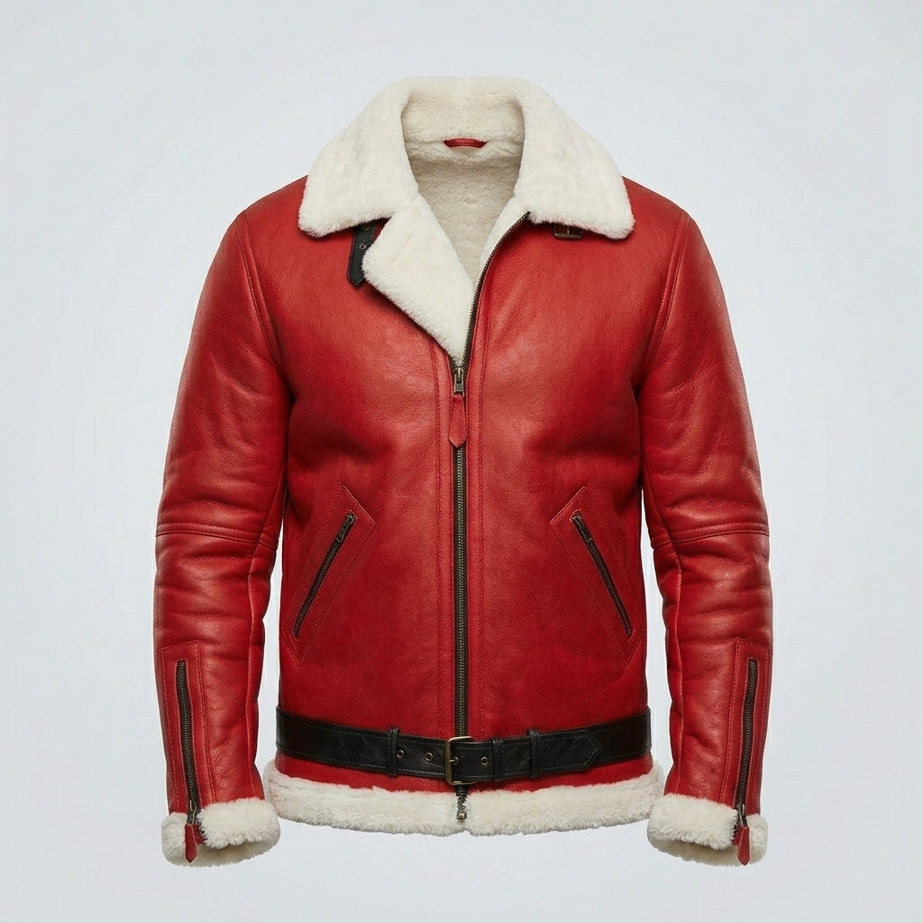 Men’s Santa Claus Sheepskin Leather Christmas Bomber Jacket