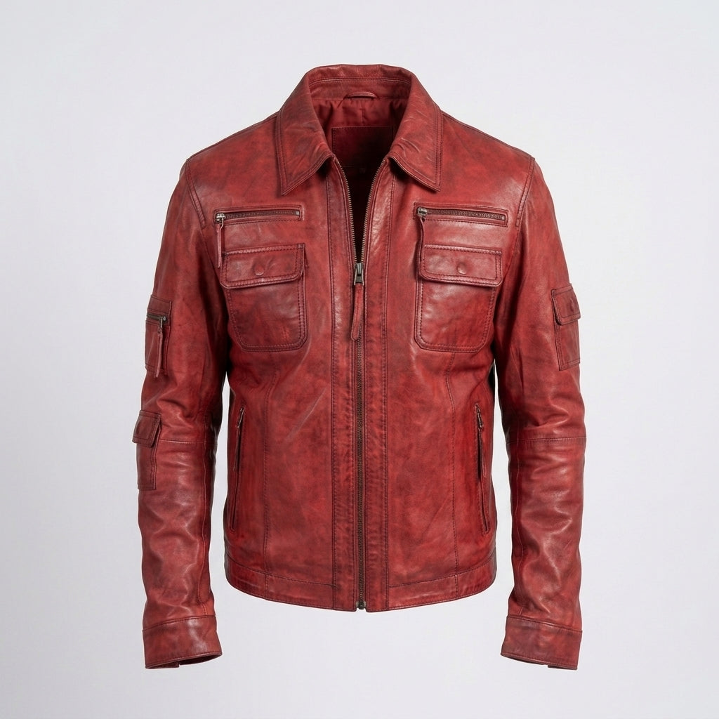 Men’s Red Winter Leather Jacket – Premium Warm Slim Fit Style