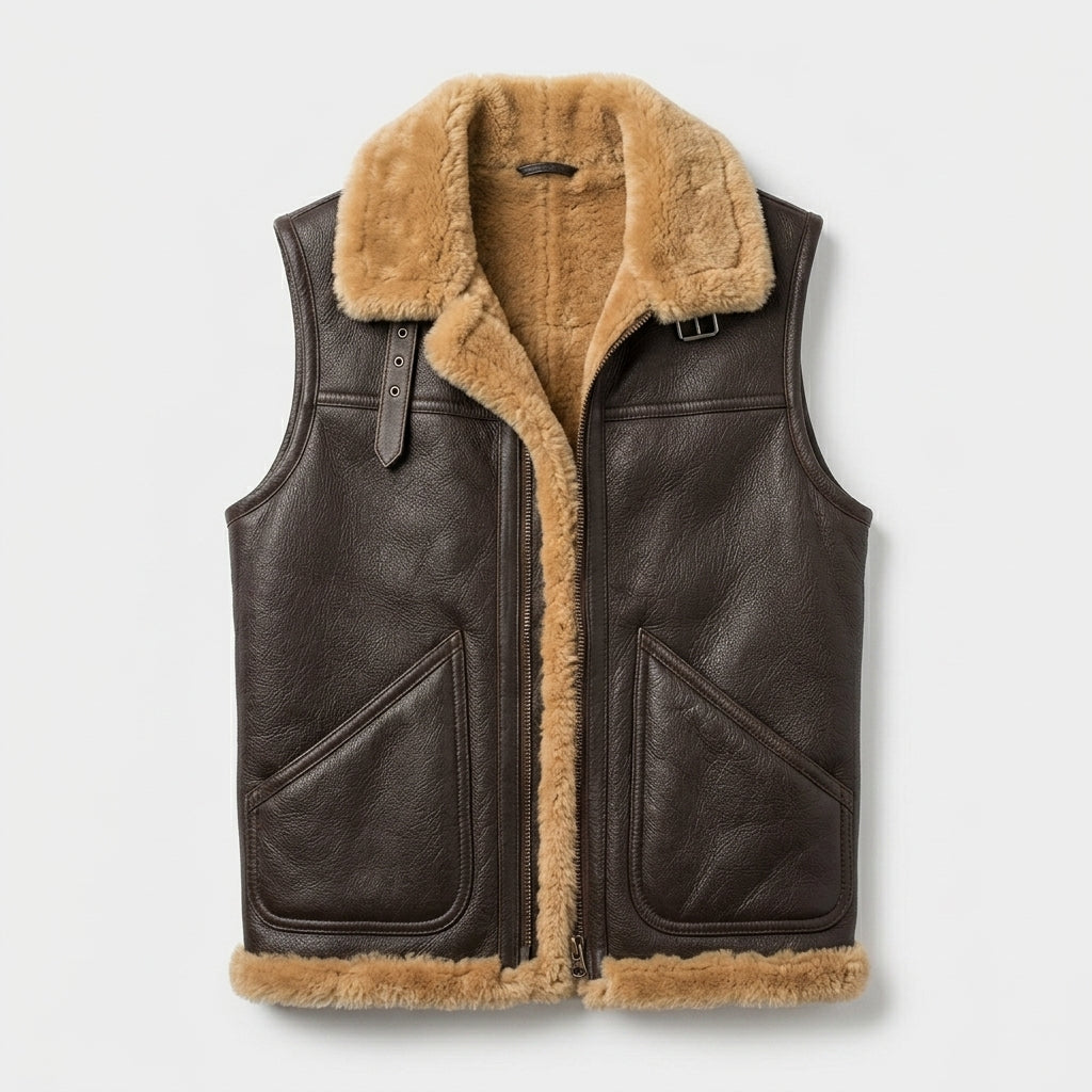 Men’s Black Leather Sheepskin Gilet Vest – Shearling Winter Style