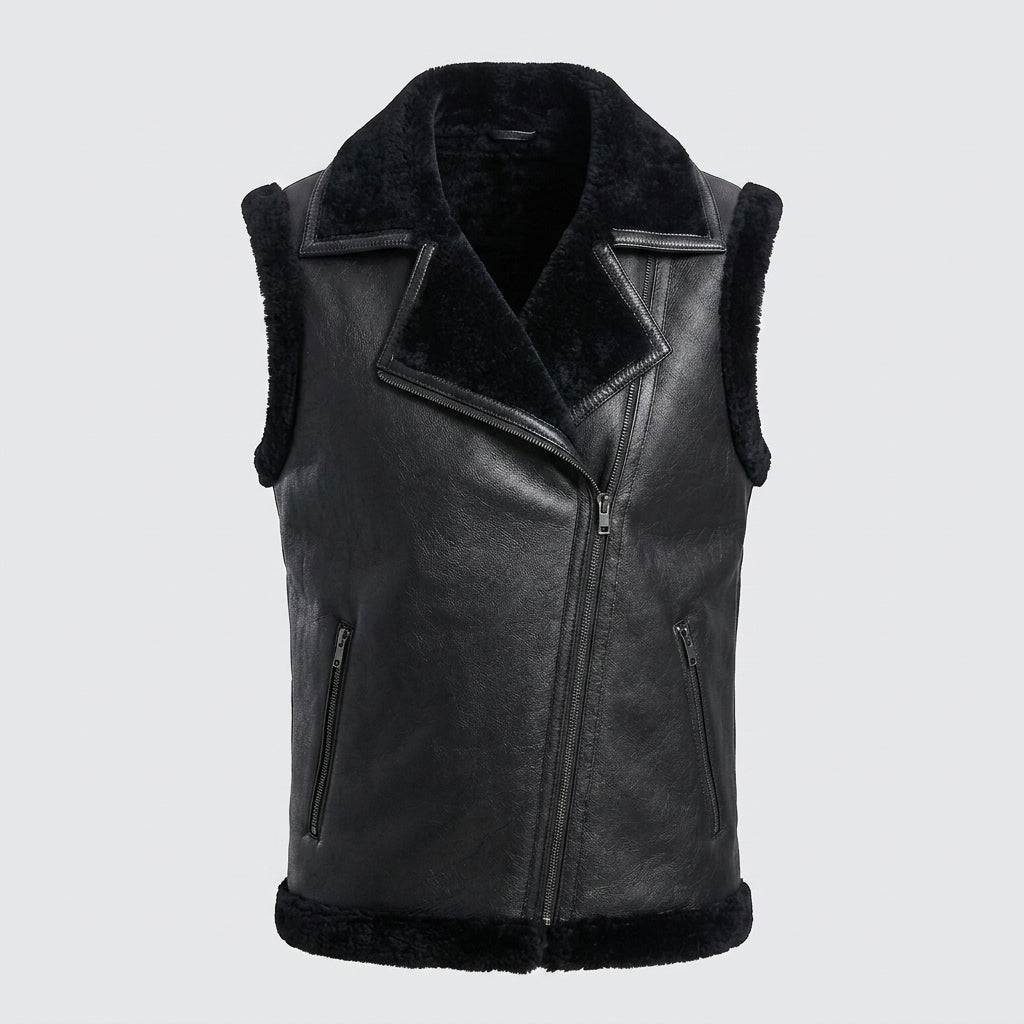 Men’s Black Shearling Sheepskin Leather Vest – Premium Winter Gilet