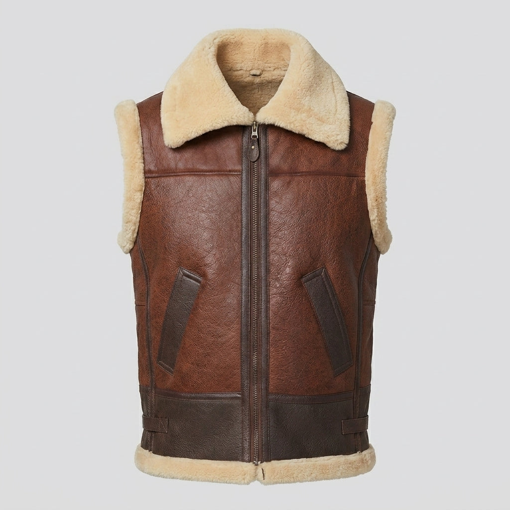 Men’s Brown Shearling Leather Vest – Premium Sheepskin Winter Gilet