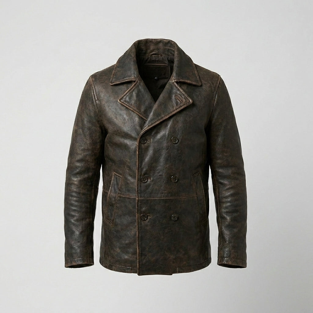 Gipsy Distressed Brown Leather Pea Coat Jacket