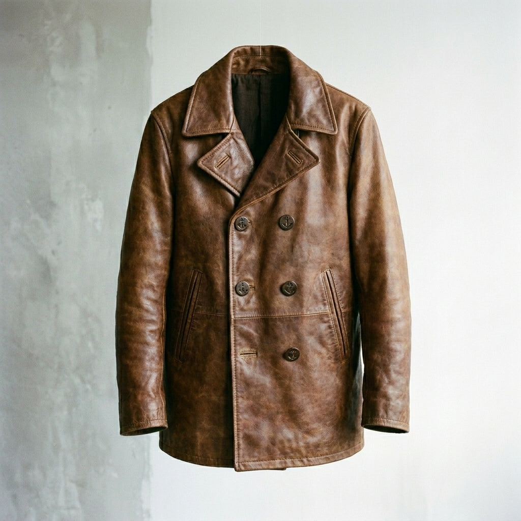 Men's Brown Double-Breasted Leather Peacoat