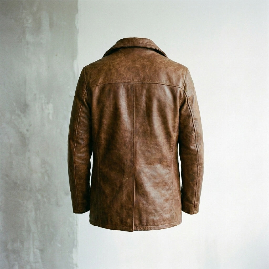 Men's Brown Double-Breasted Leather Peacoat