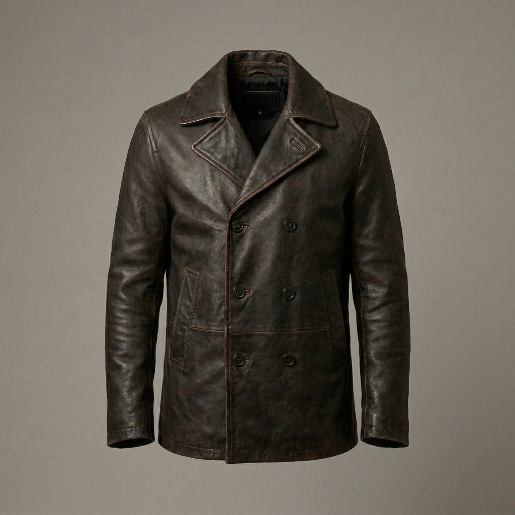 Men's Vintage Brown Leather Peacoat Jacket