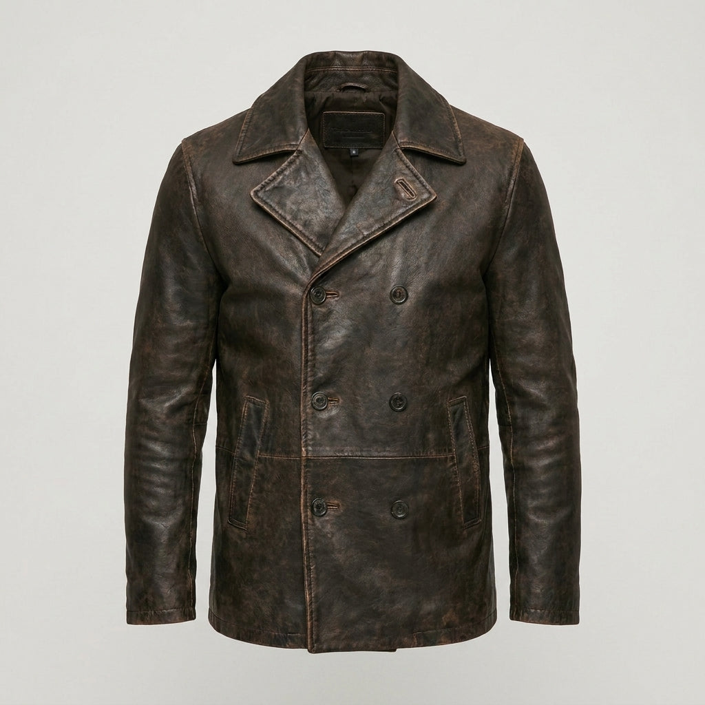 Vintage Brown Leather Peacoat Jacket for Men