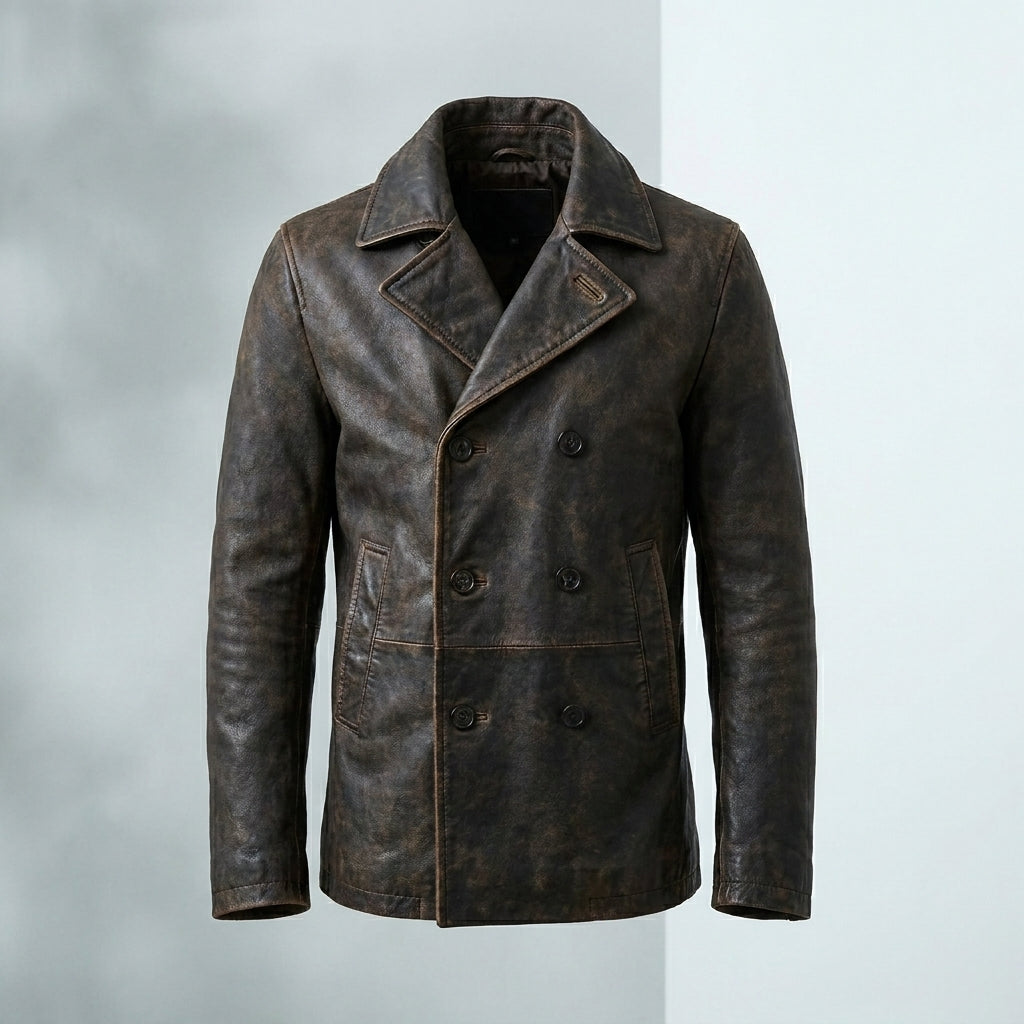 Gipsy Distressed Brown Double Breasted Leather Peacoat Jacket