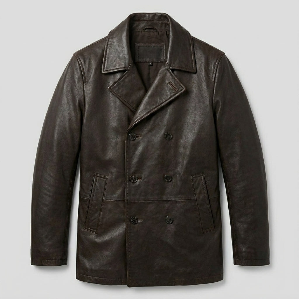 Gipsy Distressed Brown Double-Breasted Leather Peacoat Jacket