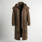 Men’s Rugged Brown Distressed Leather Duster Coat – Vintage Western Long Coat