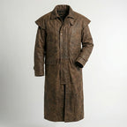 Men’s Rugged Brown Distressed Leather Duster Coat – Vintage Western Long Coat