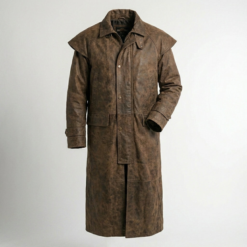 Men’s Rugged Brown Distressed Leather Duster Coat – Vintage Western Long Coat