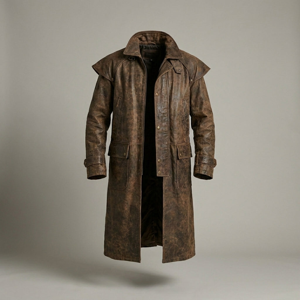 Men’s Distressed Brown Leather Duster Coat – Rugged Western Long Coat