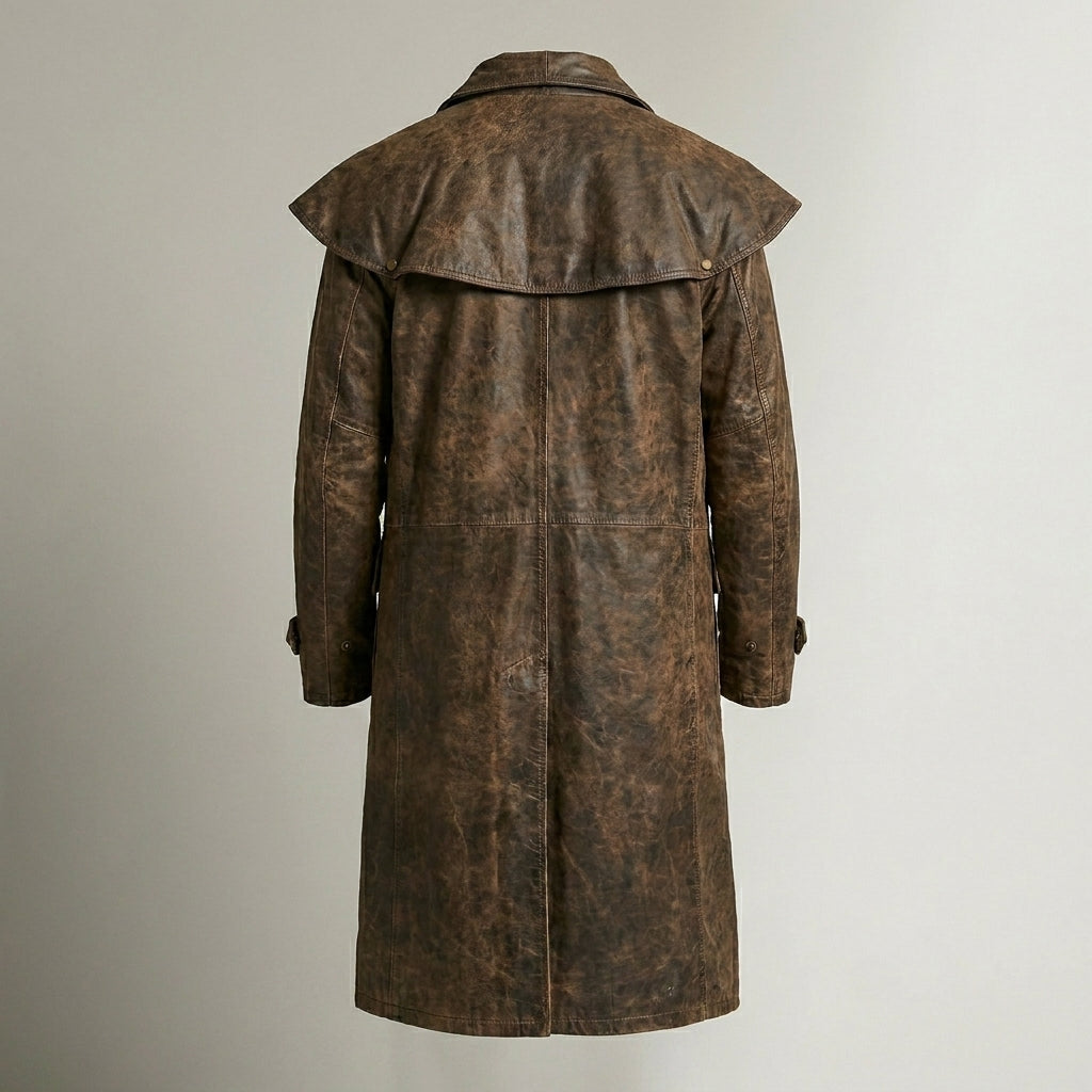 Men’s Distressed Brown Leather Duster Coat – Rugged Western Long Coat