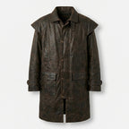Men’s Distressed Brown Leather Duster Jacket with Shoulder Cape – Western Long Coat